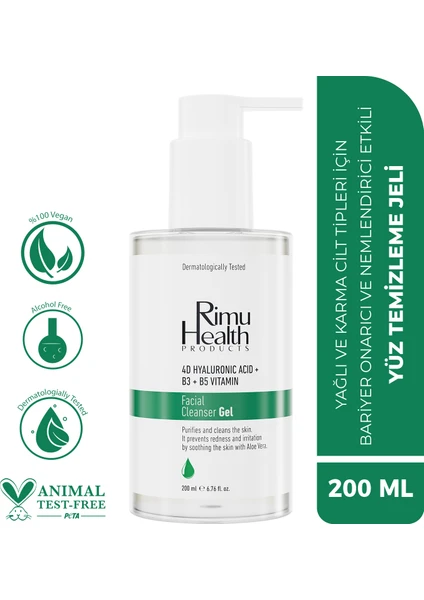 Rimu Health Products Yağlı ve Karma Cilt Tipleri İçin Bariyer Onarıcı Nemlendirici Etkili Yüz Temizleme Jeli 200 ml