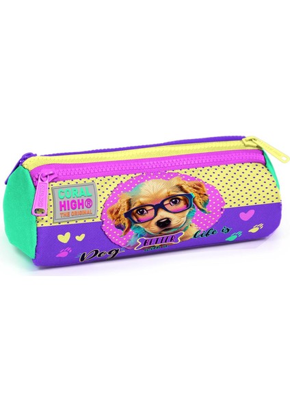 Üç Bölmeli Sarı Pembe Sevimli Köpek Desenli Kalem Çantası