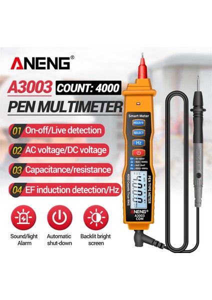 Aneng A3003 Multimetre Kalem Tipi Metre 4000 Temassız Sarı Sayım (Yurt Dışından)