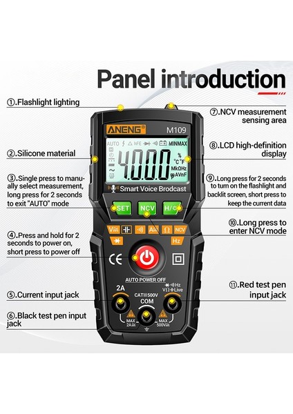 Aneng Otomatik Multimetro Profesyonel Metre M109 Dijital Multimetre 4000 Sayım Ac/dc Ses Yayını Elektrikli Aletler Test Cihazı (Yurt Dışından)