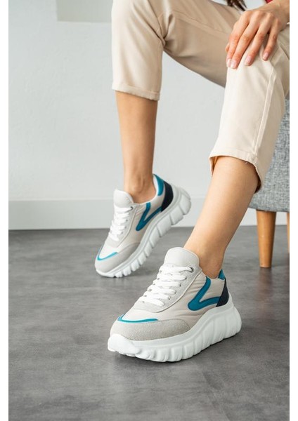 Taş Beyaz Bağcıklı Paraşüt Kumaş Günlük Taban Kadın Sneaker