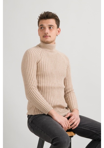 Slimfit Kendinden Çizgili Tam Balıkçı Pamuklu Kalın Triko Erkek Kazak