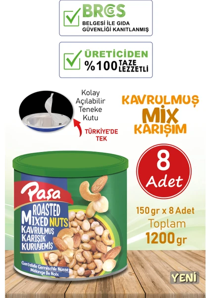 Paşa Kuruyemiş Kavrulmuş Karışık Kuruyemiş Teneke Kutu 150 gr x 8 Adet (1. Kalite)