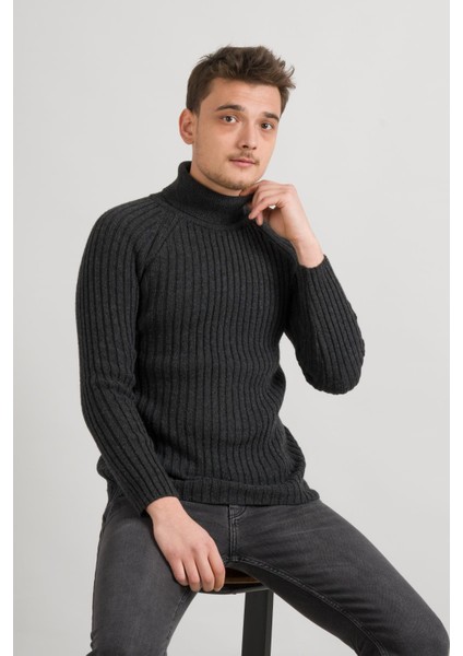 Slimfit Kendinden Çizgili Tam Balıkçı Pamuklu Kalın Triko Erkek Kazak