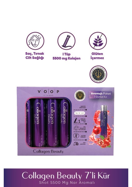 Collagen Tip 1 ve Tip 3 5500 Mg Nar Aromalı Hyaluronic Asit+ Q10+BIOTIN+ Çinko One Shot 7X40 ml