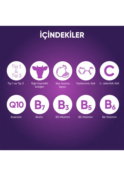 Collagen Tip 1 ve Tip 3 5500 Mg Nar Aromalı Hyaluronic Asit+ Q10+BIOTIN+ Çinko One Shot 7X40 ml modelleri