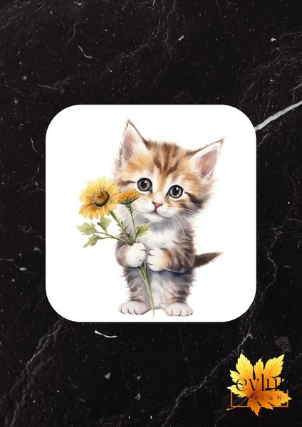 Papatyalı Kedi Baskılı Özel Tasarım Baskılı Mdf Kare Bardak Altlığı
