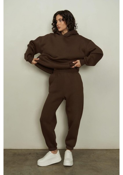 Kadın Kahverengi 3iplik Oversize Eşofman Takımı
