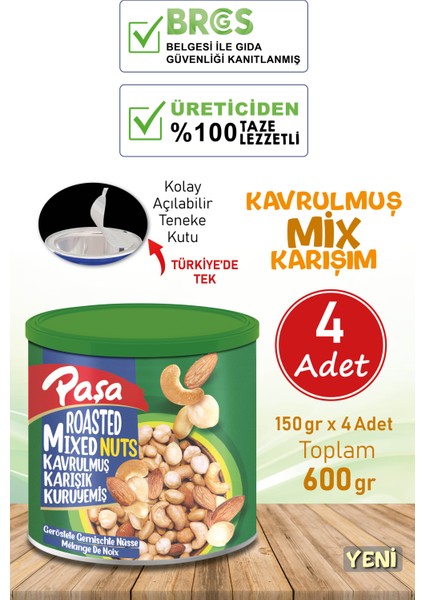 Paşa Kuruyemiş Kavrulmuş Karışık Kuruyemiş Teneke Kutu 150 gr x 4 Adet (1. Kalite)