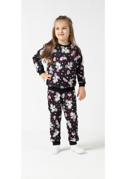 Çocuk Siyah Unicon Baskılı Uzun Kollu Alt Üst Ikili Takım