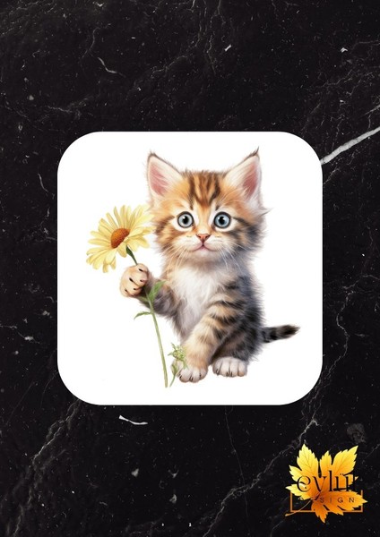 Papatyalı Kedi Baskılı Özel Tasarım Baskılı Mdf Kare Bardak Altlığı