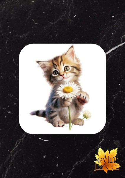 Papatyalı Kedi Baskılı Özel Tasarım Baskılı Mdf Kare Bardak Altlığı