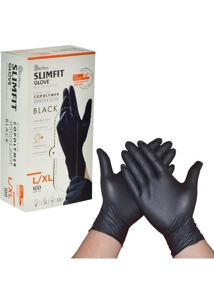 Slımfıt Glove Pudrasız Tek Kullanımlık Gıdaya Uygun Yeni Nesil Teknoloji Siyah L / Xl Beden Eldiven 100'LÜ Paket