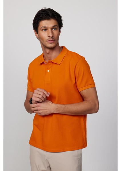 Erkek Slim Fit Dar Kesim Pamuk Düz Pike Turuncu Polo Yaka Tişört