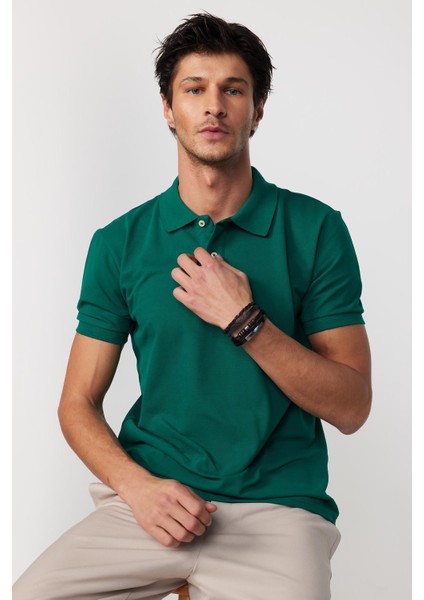 Erkek Slim Fit Dar Kesim Pamuk Düz Pike Yeşil Polo Yaka Tişört