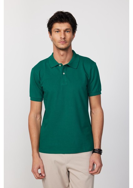 Erkek Slim Fit Dar Kesim Pamuk Düz Pike Yeşil Polo Yaka Tişört modelleri