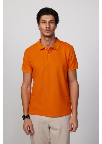 Erkek Slim Fit Dar Kesim Pamuk Düz Pike Turuncu Polo Yaka Tişört modelleri