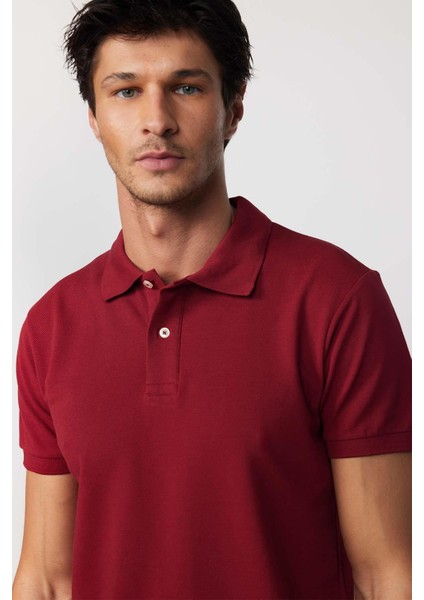 Erkek Slim Fit Dar Kesim Pamuk Düz Pike Bordo Polo Yaka Tişört