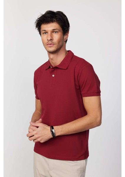 Erkek Slim Fit Dar Kesim Pamuk Düz Pike Bordo Polo Yaka Tişört