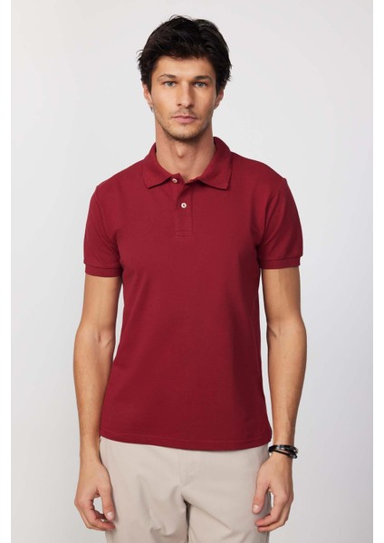 Erkek Slim Fit Dar Kesim Pamuk Düz Pike Bordo Polo Yaka Tişört