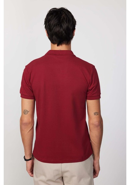 Erkek Slim Fit Dar Kesim Pamuk Düz Pike Bordo Polo Yaka Tişört