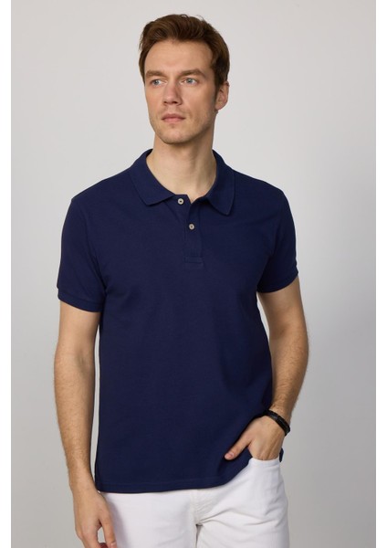 Erkek Slim Fit Dar Kesim Pamuk Düz Pike Lacivert Polo Yaka Tişört