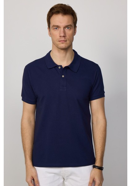 Erkek Slim Fit Dar Kesim Pamuk Düz Pike Lacivert Polo Yaka Tişört modelleri