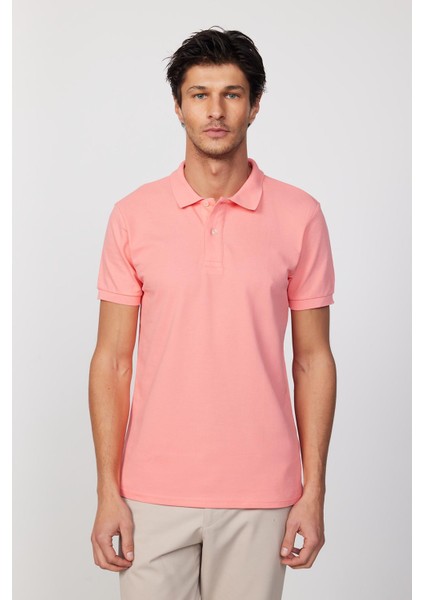 Erkek Slim Fit Dar Kesim Pamuk Düz Pike Pembe Polo Yaka Tişört