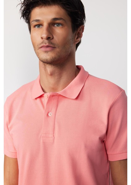 Erkek Slim Fit Dar Kesim Pamuk Düz Pike Pembe Polo Yaka Tişört