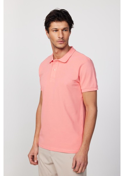 Erkek Slim Fit Dar Kesim Pamuk Düz Pike Pembe Polo Yaka Tişört