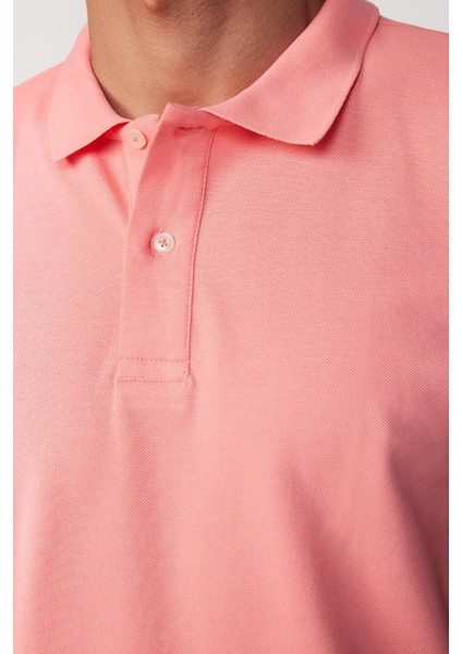 Erkek Slim Fit Dar Kesim Pamuk Düz Pike Pembe Polo Yaka Tişört