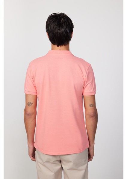 Erkek Slim Fit Dar Kesim Pamuk Düz Pike Pembe Polo Yaka Tişört