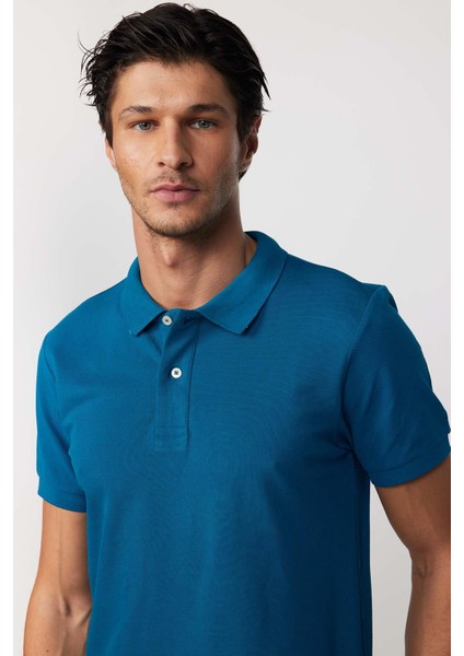 Erkek Polo Yaka Slim Fit Düz Pamuk Pike Petrol Tişört