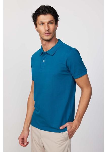 Erkek Polo Yaka Slim Fit Düz Pamuk Pike Petrol Tişört modelleri