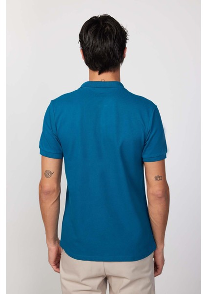 Erkek Polo Yaka Slim Fit Düz Pamuk Pike Petrol Tişört indirimleri