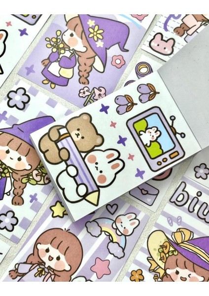 Sevimli Kız Mor Şapkalı 50 Yaprak Mini Defter Sticker Çıkartma Bullet Journal Defter Süsleme indirimleri