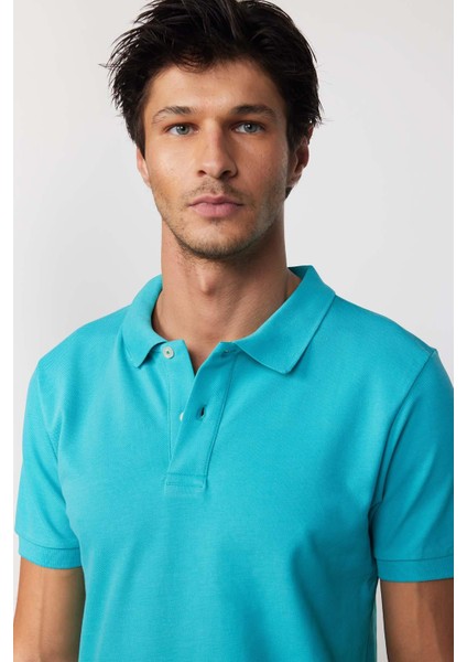 Erkek Slim Fit Dar Kesim Pamuk Düz Pike Yeşil Polo Yaka Tişört