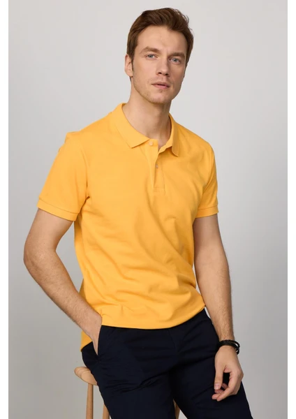 Erkek Slim Fit Dar Kesim  Pamuk Düz Pike Sarı Polo Yaka Tişört