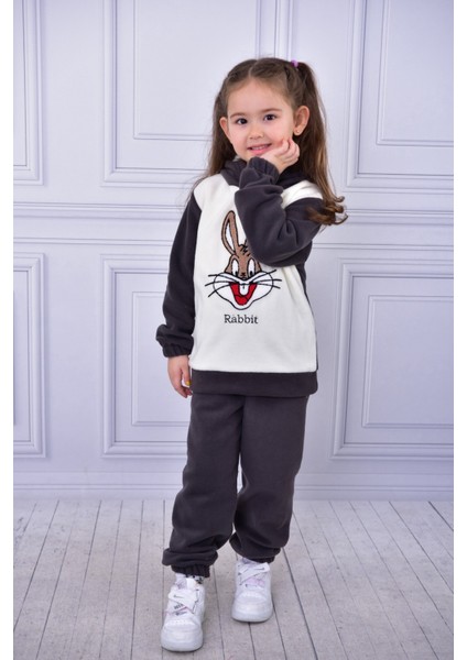 Unisex Çocuk Kapüşonlu Tavşan Nakışlı Polar Yumuşacık Alt Üst Takım fırsatları