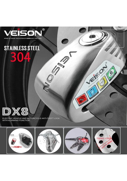 DX10 Gümüş Stili Veison Motosiklet Alarm Disk Kilidi Hırsızlığa Karşı Bisiklet Su Geçirmez Hırsızlık Önleyici Fren Kilidi Dx8 Paslanmaz Çelik Halat Hediye (Yurt Dışından) fiyatları