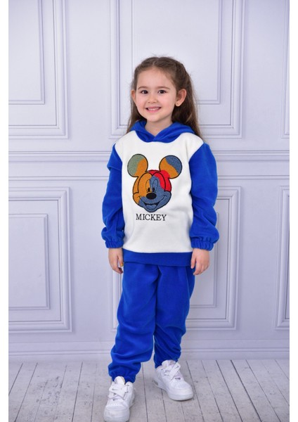 Unisex Çocuk Kapşonlu Mickey Nakışlı Polar Yumuşacık Takım