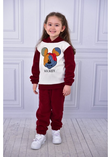 Unisex Çocuk Kapşonlu Mickey Nakışlı Polar Yumuşacık Takım