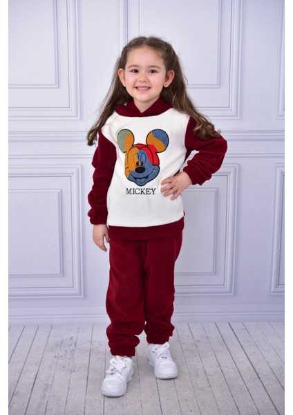 Unisex Çocuk Kapşonlu Mickey Nakışlı Polar Yumuşacık Takım modelleri
