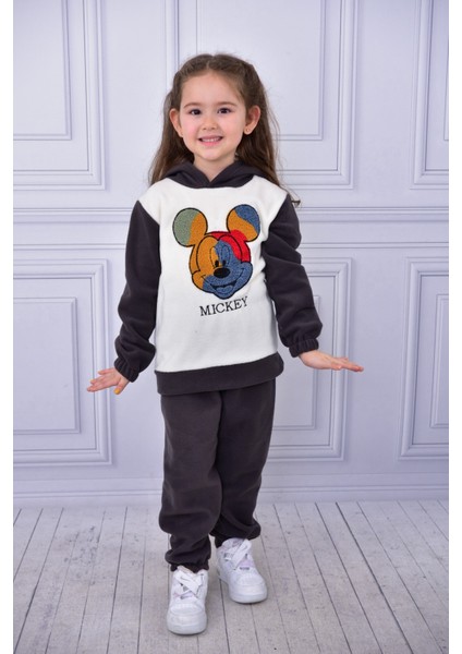 Unisex Çocuk Kapşonlu Mickey Nakışlı Polar Yumuşacık Takım