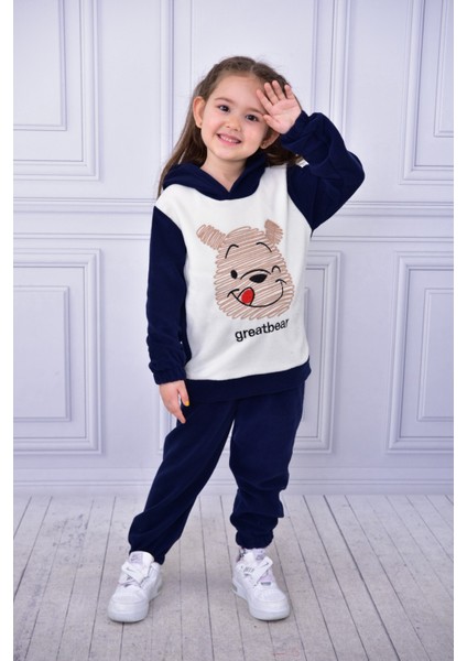 Unisex Çocuk Kapşonlu Ayıcık Nakışlı Polar Yumuşacıkalt Üst Takım