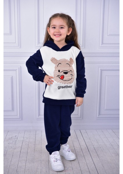 Unisex Çocuk Kapşonlu Ayıcık Nakışlı Polar Yumuşacıkalt Üst Takım