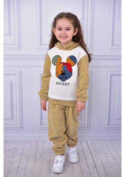 Unisex Çocuk Kapşonlu Mickey Nakışlı Polar Yumuşacık Takım