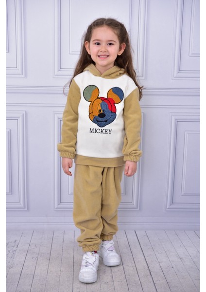 Unisex Çocuk Kapşonlu Mickey Nakışlı Polar Yumuşacık Takım