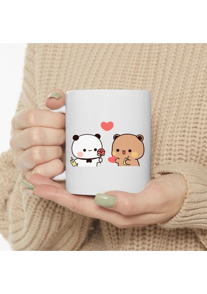 Sevimli Bubu ve Dudu Kahve Kupa, Ayı Seramik Kupa, Panda Ayı Kupası, Sevimli,ingilizce Kupa