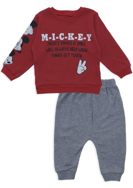 Erkek Bebek Mickey Yazılı Kol Detay 2'li Alt Üst Eşofman Takım